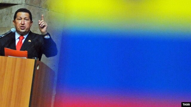 Venezuelan President Hugo Chavez addresses students at Moscow's Patrice Lumumba Peoples' Friendship University in Moscow.