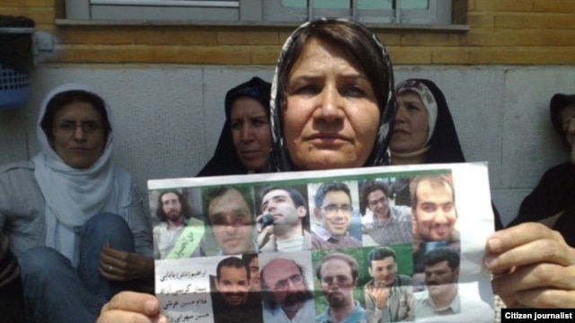 Mokhtare, shown above at a demonstration with other relatives of political prisoners, has been jailed for speaking out about her son's imprisonment. "We are protesting the imprisonment of our innocent children," she told Radio Farda.