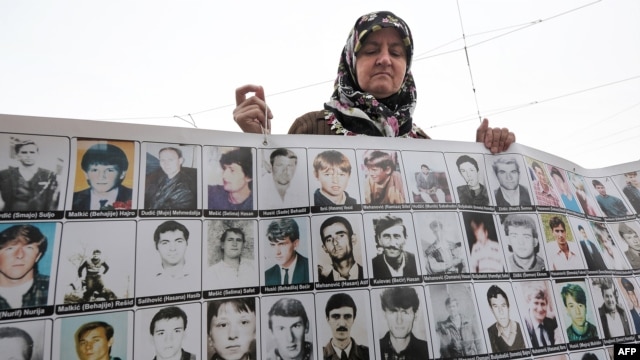 A member of the "Mothers of Srebrenica" demonstrates in front of the European Court of Human Rights (CEDH) in Strasbourg on October 11.  