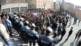 Armenia - Pro-opposition students demonstrate outside a university building in Yerevan against official results of the February 18 presidential election, 25Feb2013.