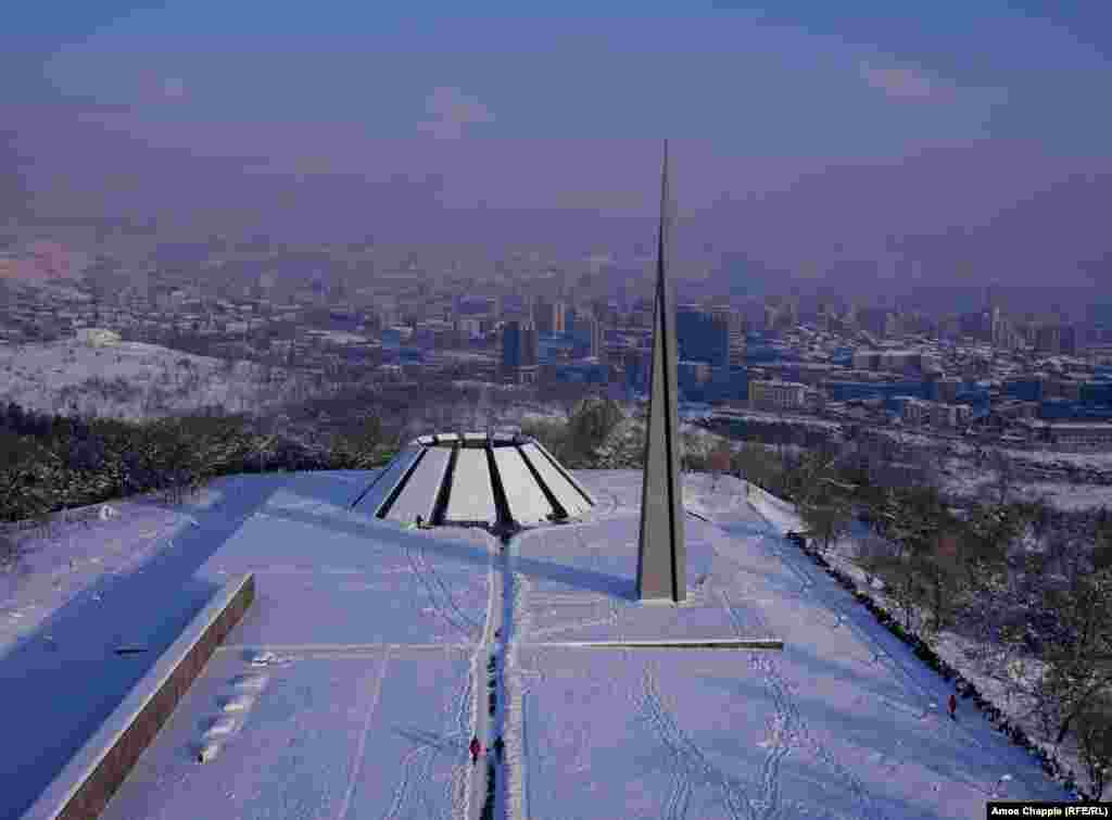 Yerevan, Armenia. A dusting of snow coats the Genocide Memorial.
