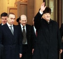 Yeltsin (right) leaving the Kremlin after resigning on December 31, 1999 (ITAR-TASS)