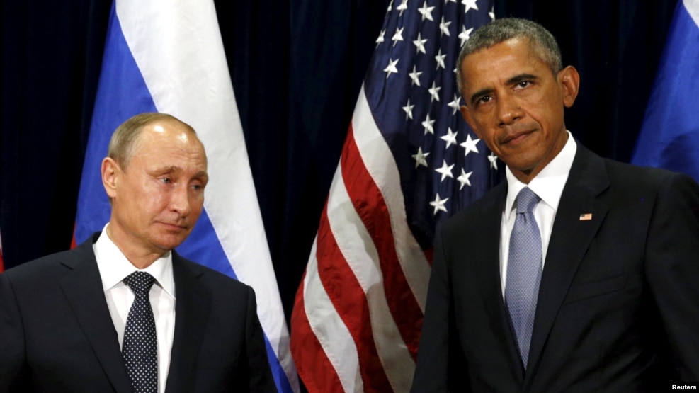 In 2015, U.S. President Barack Obama (right) issued a national-security strategy portraying Russia as a regional bully and a threat to global stability. Obama is seen here with his Russian counterpart, Vladimir Putin, in September 2015.