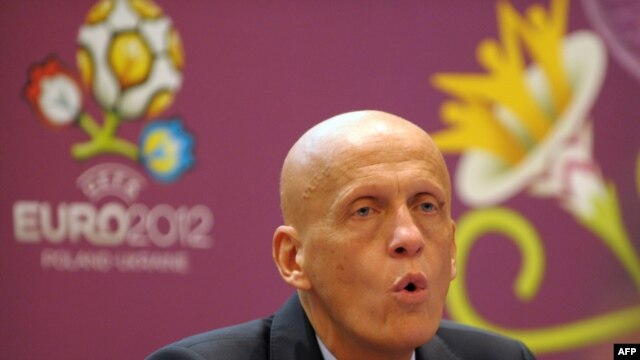 Former Italian referee Pierluigi Collina talks to the press during a workshop before the Euro 2012 tourney in Warsaw in May.