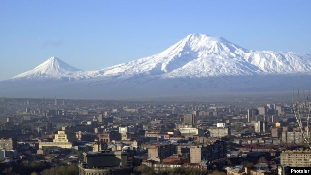 Armenia -- A view of the center of Yerevan against the backdrop of Mount Ararat.