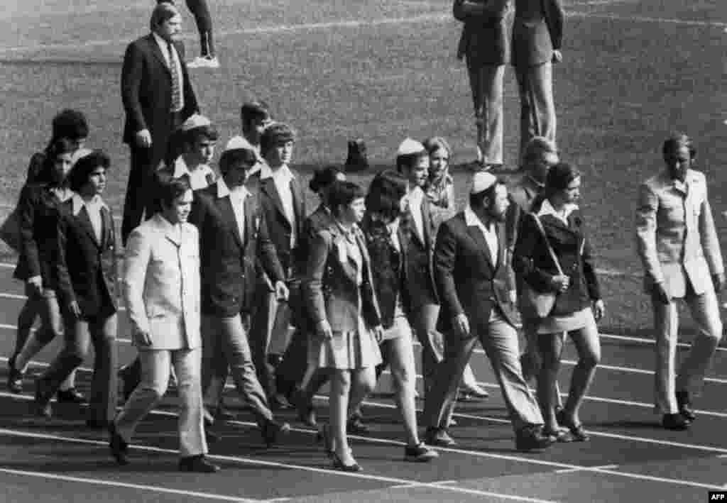 Members of the Israeli team march onto the field at Munich's Olympic Stadium on September 6, 1972 for a memorial ceremony for their countrymen killed by the Palestinian gunmen.