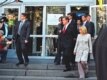 President Viktor Yushchenko leaves a Kyiv polling station with his wife, Katerina Chumachenko (front), and his daughter, Vitalina (behind him). Yushchenko signed a decree on April 2 dissolving parliament and ordering new elections