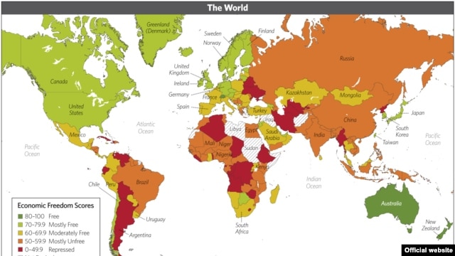 A screenshot of an interactive map of countries rated in the 2013 Index of Economic Freedom.