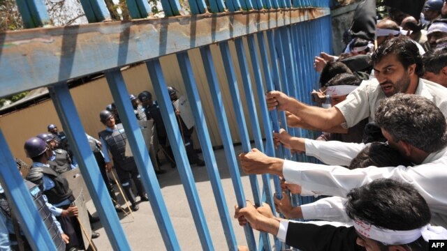 Pakistani lawyers in Islamabad attempt to reach the U.S. embassy during a protest against an anti-Islam movie in Islamabad on September 19. 