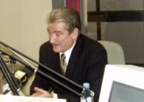 Sali Berisha at RFE/RL's Prague broadcasting center on March 27 (RFE/RL)