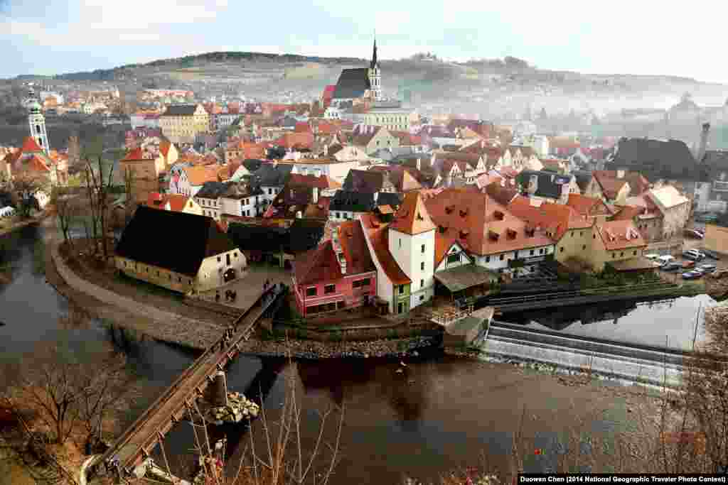 "Foggy Small Town" by Duowen Chen. Český Krumlov, South Bohemia, Czech Republic. "This photo was captured at noon, 25.12.2013, from the castle which is located on the edge of the small town and is the perfect viewpoint for the panorama of the almost intact historical town. The fog and mist suffused and gave the town a sense of mystery." 