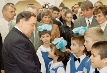 Russia -- Adygeya Republic President Khazret Sovmen (L) attending the opening ceremony of a Children's Home - Lyceum for orphans, on Sunday. About a hundred children will live and study there, June, 2006