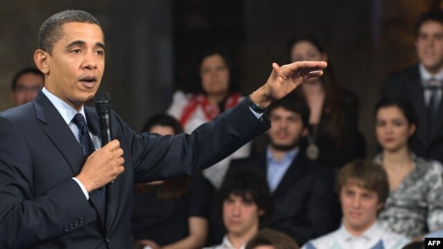 U.S. President Barack Obama addresses a student roundtable discussion in Istanbul.