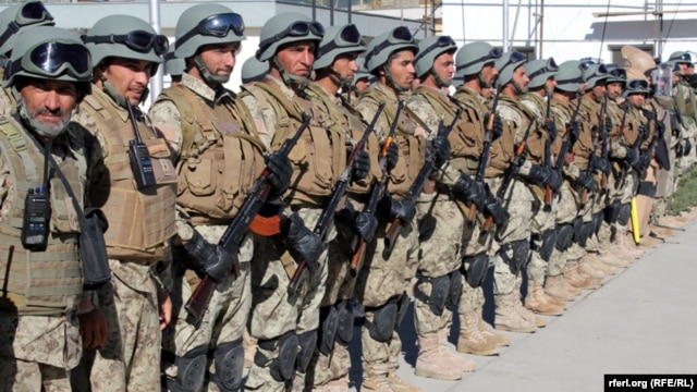 Afghan National Army troops on parade in Kabul in November