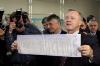 Central Election Commission Chairman Yaroslav Davidovich displays the ballot for the March 26 elections (epa)