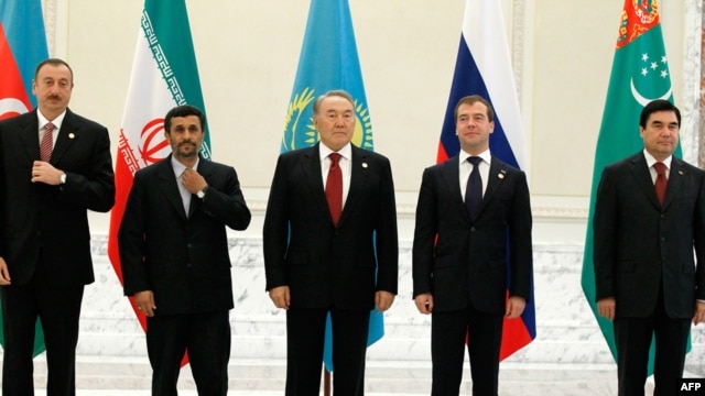Participants in the Caspian regional summit in Baku on November 18 included the Azerbaijani, Iranian, Kazakh, Russian, and Turkmen presidents (left to right).