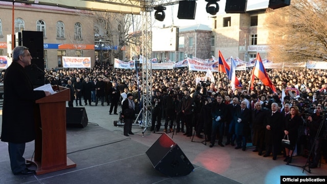 Armenian President Serzh Sarkisian (left) addresses an election campaign rally in Ararat on February 4. The election is widely seen as Sarkisian's to lose.
