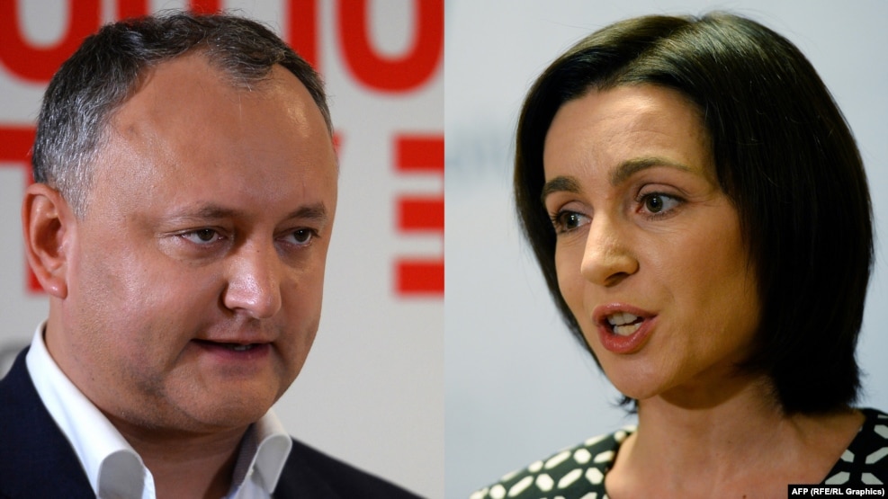 Pro-Russia candidate Igor Dodon (right) and pro-EU reformist Maia Sandu (right) will most likely face each other in a presidential runoff vote on November 13.