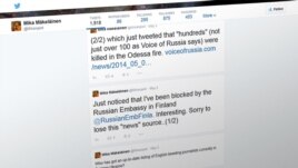 Твит финского блогера Мики Мякеляйнена с сообщением о том, что посольство РФ заблокировало ему доступ к своему аккаунту