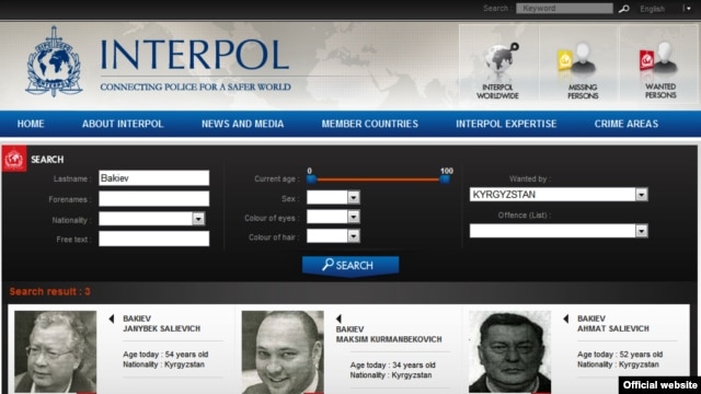 Interpol's website includes notices on Akmat Bakiev, Maksim Bakiev, and Janysh Bakiev (left to right).