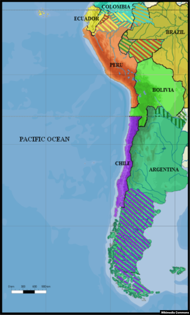 В 1879 году политическая карта Латинской Америки выглядела так. Территориальные претензии соседей друг к другу показаны заштрихованными