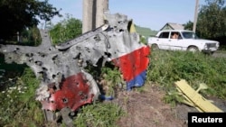 A piece of the wreckage is seen at a crash site of the Malaysia Airlines Flight 17 in the village of Petropavlivka (Petropavlovka), in the Donetsk region of eastern Ukraine, on July 24, a week after the crash.