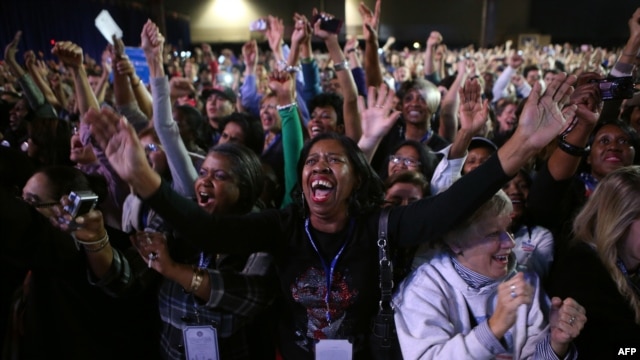 Supporters of President Barack Obama cheer during the Obama Election Night watch party at McCormick Place in Chicago, Illinois.