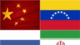 (Top left - clockwise) Flags of China, Venezuela, Iran, and Russia, 2009
