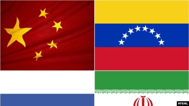 (Top left - clockwise) Flags of China, Venezuela, Iran, and Russia, 2009
