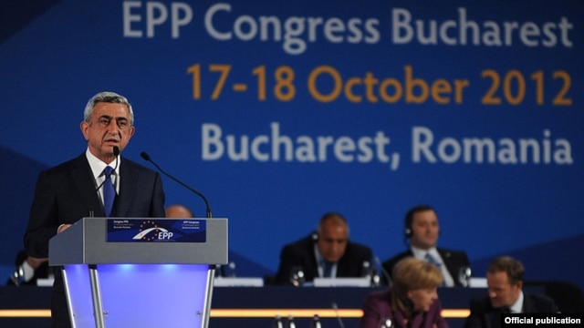 Romania - Armenian President Serzh Sarkisian addresses a European People's Party congress in Bucharest, 17Oct2012.