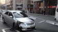 Armenia - A car damaged in an accident in downtown Yerevan.