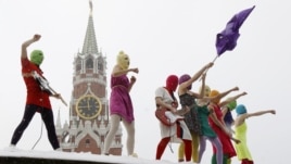 Members of Pussy Riot perform in Red Square in Moscow in January 2012.