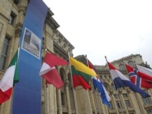 Romania -- NATO members flags outside the Parliament Palace in Bucharest, 02Apr2008
