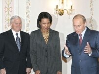 Gates (left) and Rice with Putin today (ITAR-TASS)