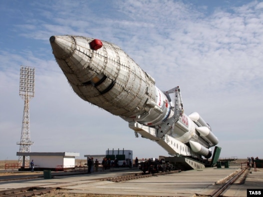 A Proton M carrier rocket with Nimiq 5 satellite is transported to its launch pad at Baikonur cosmodrome.
