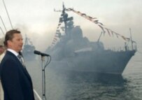 Rusian Defense Minister Ivanov pictured reviewing ships of Russia's Pacific Fleet in 2005 (ITAR-TASS)