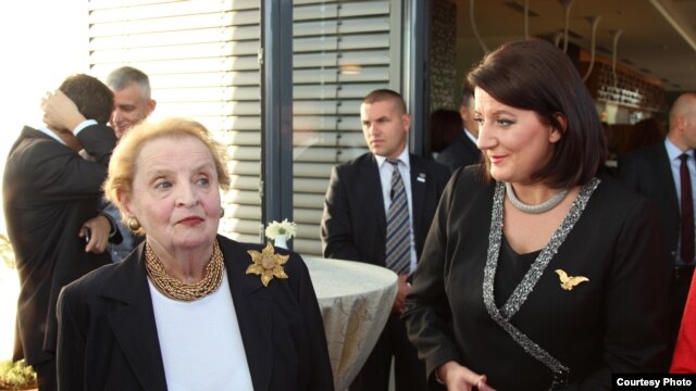 Kosovo President Atifete Jahjaga and former U.S. Secretary of State Madeleine Albright at the women's conference in Pristina.