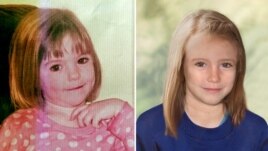 Фотография потерявшейся трехлетней девочки Мадлен Маккан из Великобритании (слева) и компьютерная модель ее внешнего вида на 2012 год.