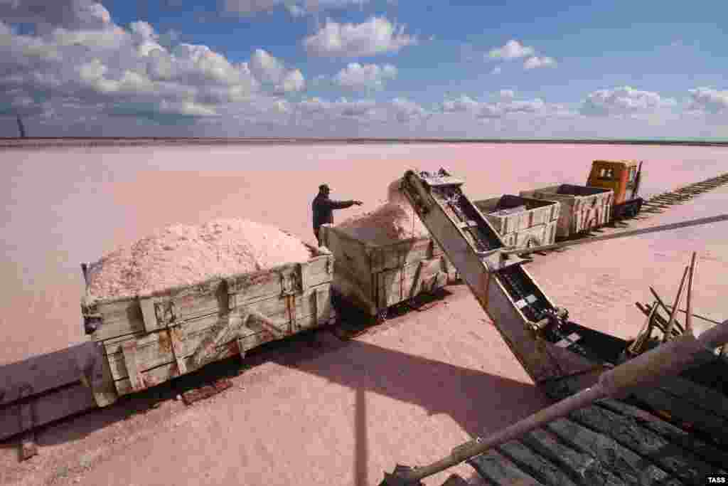 Wagons are filled with pink salt on the shores of Sasyk-Sivash Lake, near the city of Yevpatoria on Ukraine's Black Sea coast.