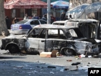 Burned cars on the streets of Yerevan on March 2, 2008