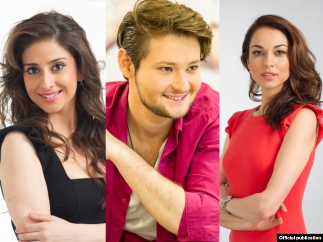 Narguiz Birk-Petersen (left), Eldar (Ell) Gasimov (center), and Leyla Aliyeva are this year's Eurovision hosts.