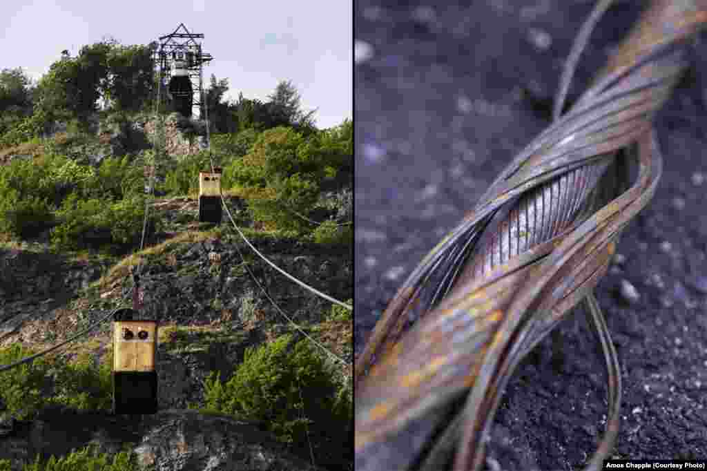 Some of the lines run without a braking system; if the haulage cable snaps, the cabins will roll straight back down the track cable. This happened to a tramway in Tbilisi in 1990, killing 20 people. Right: A discarded piece of track cable. The cables weigh around 26 pounds (12 kilograms) per meter.