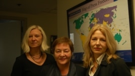Belarusian activists (left to right) Tatsiana Reviaka, Zhanna Litvina, and Natalya Pinchuk at the Washington office of Freedom House. 