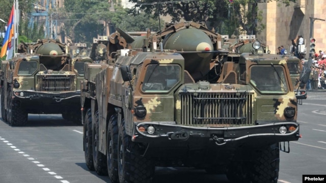 Armenia - 9K72 (Scud-B) ballistic missiles are demonstrated during a military parade in Yerevan, 21Sep2011.