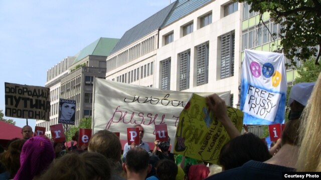 Activists in Berlin hold a rally action in support of Pussy Riot. 
