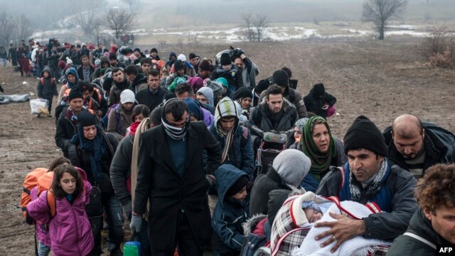 Migrants and refugees wait for security check after crossing the Macedonian border into Serbia, near the village of Miratovac, January 29.