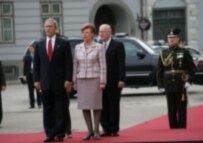 Bush is greeted at an official ceremony outside Riga Castle