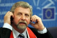 Belarusian opposition leader Alyaksandr Milinkevich attends a news conference during the plenary session of the European Parliament in Strasbourg today (epa)