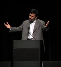 Iranian President Mahmud Ahmadinejad speaking at Columbia University in New York City on September 24 (RFE/RL)