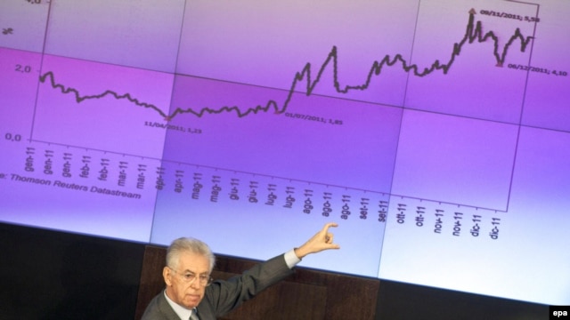 Italian Prime Minister Mario Monti pointed at a graph as he spoke during a year-ender news conference in Rome in December.